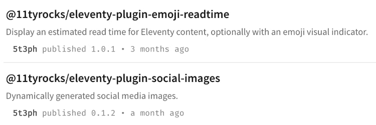 Preview of my two plugins: @11tyrocks/eleventy-plugin-emoji-readtime and @11tyrocks/eleventy-plugin-social-images